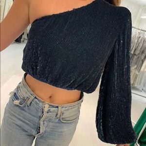 Retrofete ‘Daniele’ Navy Sequinned Crop Top
